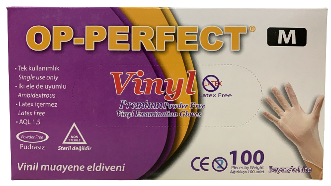 OP-PERFECT Pudrasız Vinil Muayene Eldiveni (Medium) 100'lü Paket