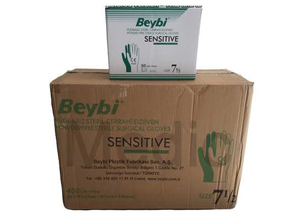 Beybi Steril Cerrahi Eldiven Pudrasız Sensitive 50'li-8 Kutu-1 Koli (No:7,5)