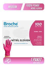 Broche Pembe Nitril Pudrasız Muayene Eldiveni (Medium) 100'lü Pk