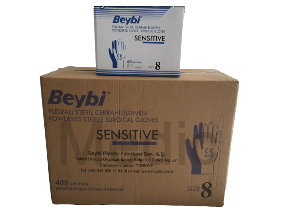 Beybi Steril Cerrahi Eldiven Pudralı Sensitive 50'li-8 Kutu-1 Koli (No:7,0)