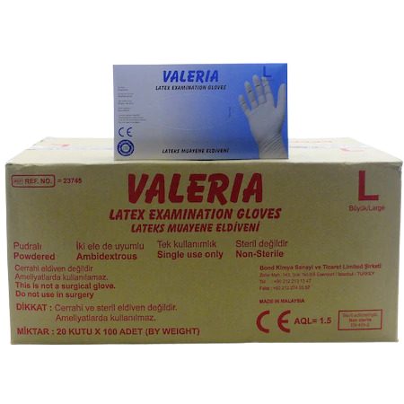 VALERIA Pudralı Lateks Muayene Eldiveni (Large) 20 Paket / Koli