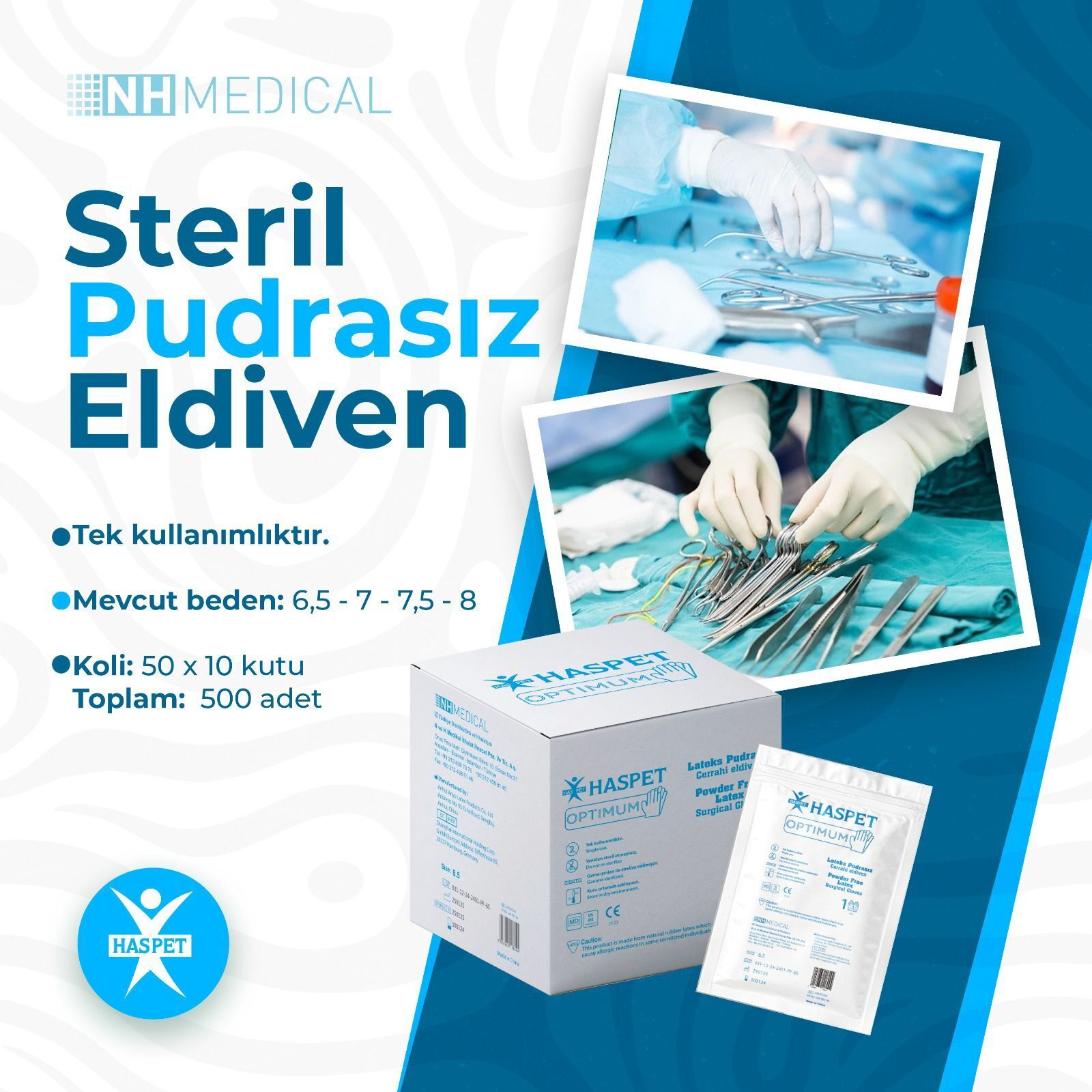 Has-Pet  Steril Cerrahi Eldiven (No:8,0) Pudrasız Lateks 50'li x 10 Paket / Koli