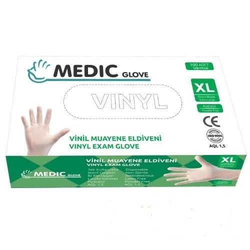 MEDIC GLOVE Pudrasız Vinil (Vinyl) Muayene Eldiveni (XL) 100'lü Paket