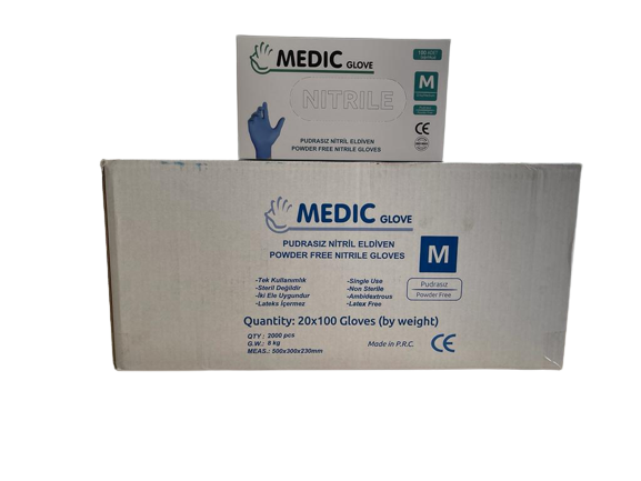MEDIC GLOVE Mavi Pudrasız (Medium) Nitril Muayene Eldiveni - 20 Paket - 1 Koli