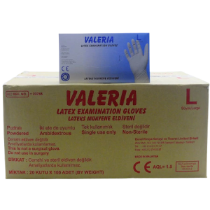 VALERIA Lateks Pudralı Muayene Eldiveni (M-L) 100'lü x 2000 Paket - 10 Koli
