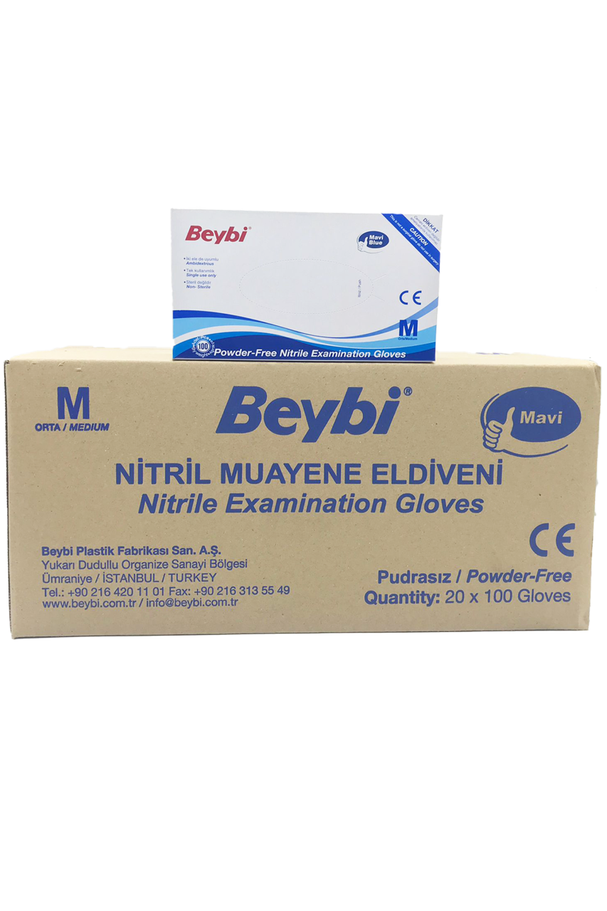Beybi Mavi Pudrasız Nitril Muayene Eldiveni (Medium) - 20 Paket - 1 Koli