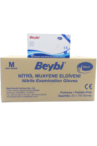 Beybi Mavi Pudrasız Nitril Muayene Eldiveni (Medium) - 20 Paket - 1 Koli