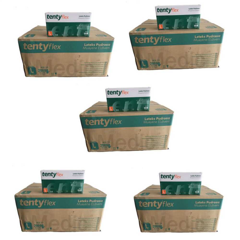 tenty flex Lateks Pudrasız Muayene Eldiveni (S-M-L) 100'lü x 100 Paket - 5 Koli
