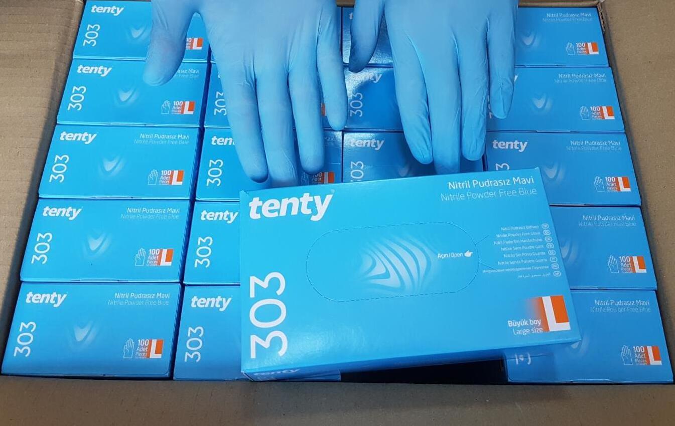 tenty 303 Mavi Nitril Pudrasız Muayene Eldiveni (Medium) 100'lü 20Pk - Koli