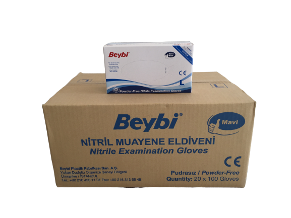 Beybi Mavi Pudrasız Nitril Muayene Eldiveni (XL) - 20 Paket - 1 Koli