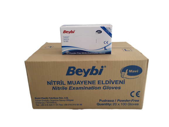 Beybi Mavi Pudrasız Nitril Muayene Eldiveni (XL) - 20 Paket - 1 Koli