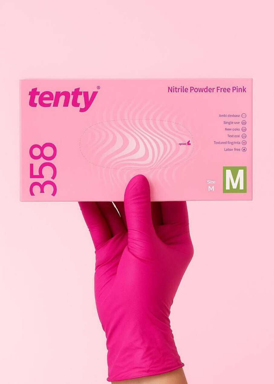 tenty 358 Pembe Nitril Pudrasız Muayene Eldiveni (Large) 100'lü Pk
