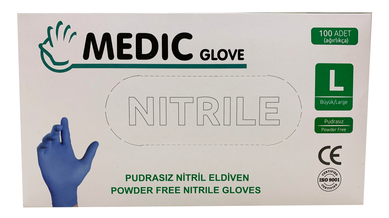 MEDIC GLOVE Mavi Pudrasız Nitril (Large) Muayene Eldiveni 100'lü