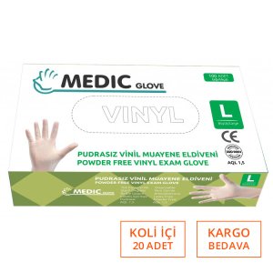 MEDIC GLOVE Şeffaf Pudrasız Vinil Muayene Eldiveni (Large) 100'lü x 20 Paket - 1 Koli