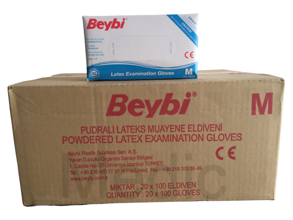 Beybi Pudralı Lateks Muayene Eldiveni (Medium) 100'lü x 20 Paket - 1 Koli