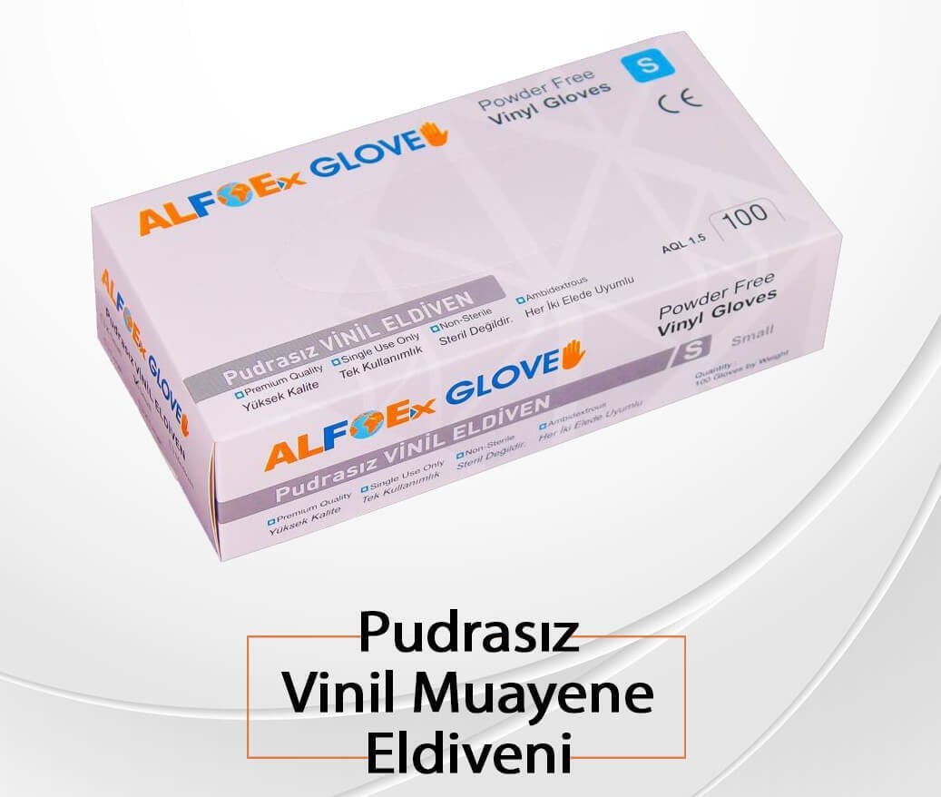 ALFOEx Glove  Şeffaf Pudrasız Vinil Muayene Eldiveni 100'lü Paket (Small)