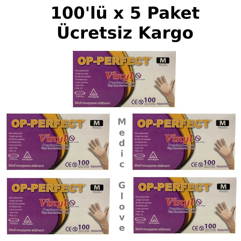 OP-PERFECT Pudrasız Vinil Muayene Eldiveni (Medium) 100'lü x 5 Paket
