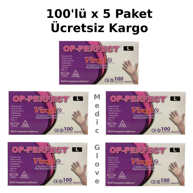 OP-PERFECT Pudrasız Vinil Muayene Eldiveni (Large) 100'lü x 5 Paket
