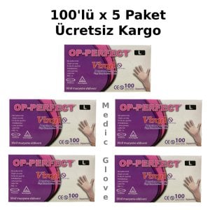 OP-PERFECT Pudrasız Vinil Muayene Eldiveni (Large) 100'lü x 5 Paket