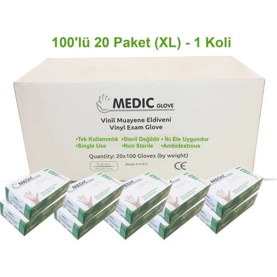 MEDIC GLOVE Pudrasız Vinil (Vinyl) Muayene Eldiveni (XL)-20 Pk-1 Koli