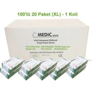 MEDIC GLOVE Pudrasız Vinil (Vinyl) Muayene Eldiveni (XL)-20 Pk-1 Koli