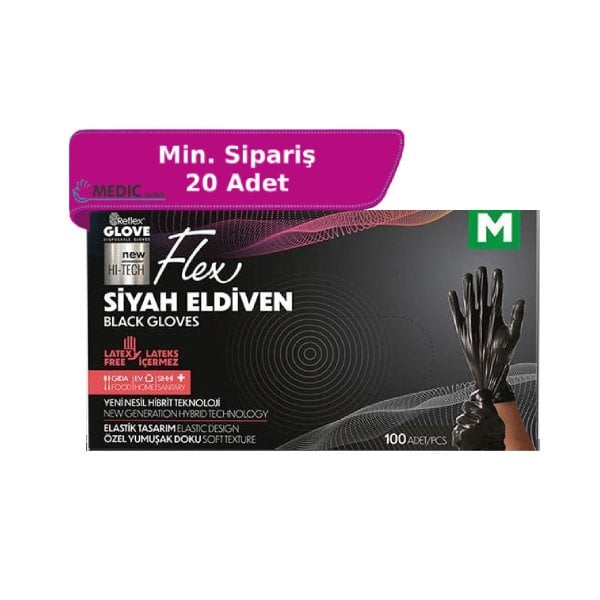 Reflex Flex Siyah Pudrasız TPE Eldiven (M) 100'lü Kutu