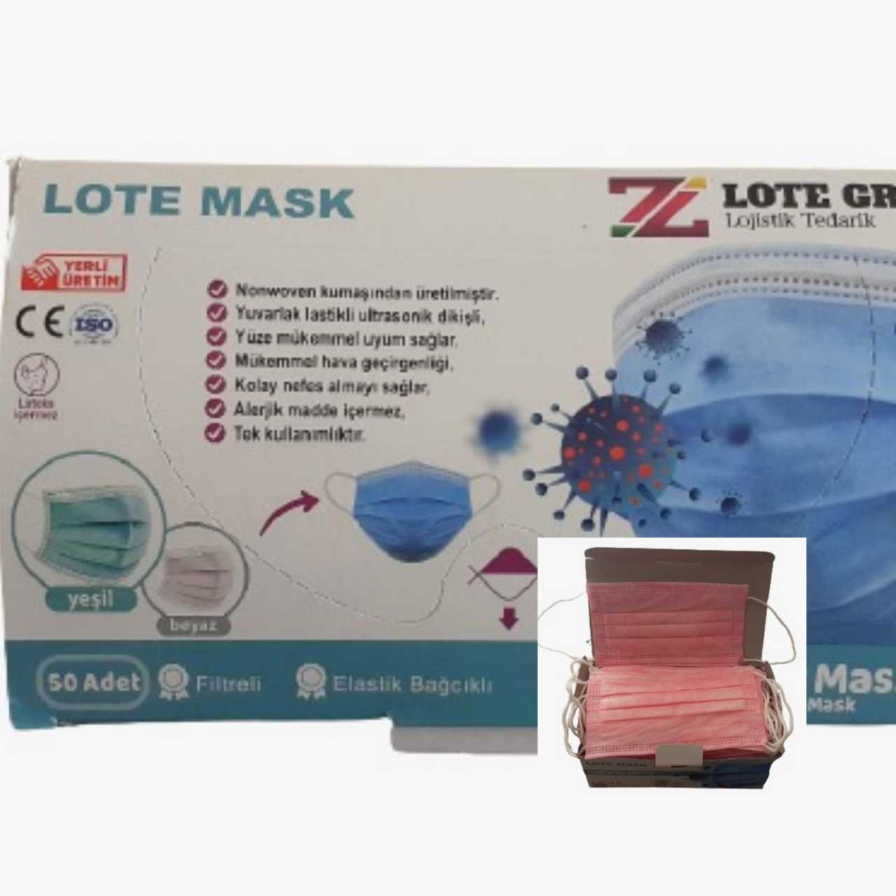 Lote Maske  3 (Üç) Katlı Lastikli Cerrahi Bez Ağız Burun Maskesi 50'li Paket-20'li Kutu-Pembe