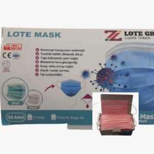 Lote Maske  3 (Üç) Katlı Lastikli Cerrahi Bez Ağız Burun Maskesi 50'li Paket-20'li Kutu-Pembe