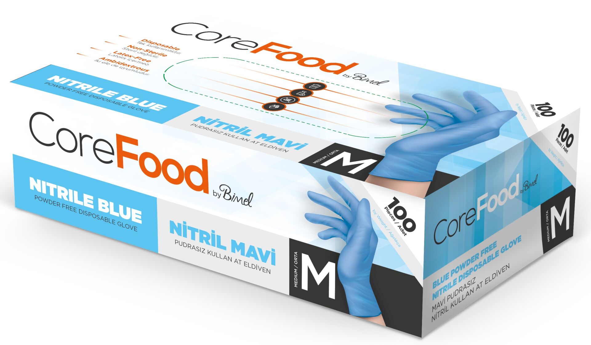 Bimel CoreFood  Mavi  Pudrasız  Nitril Eldiven (Medium) 100'lü x 20 Paket / Koli