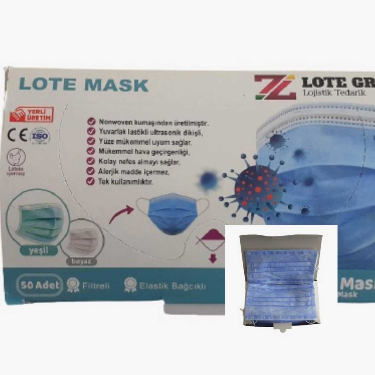 Lote Maske  3 (Üç) Katlı Lastikli Cerrahi Bez Ağız Burun Maskesi 50'li Paket-20'li Kutu-Mavi