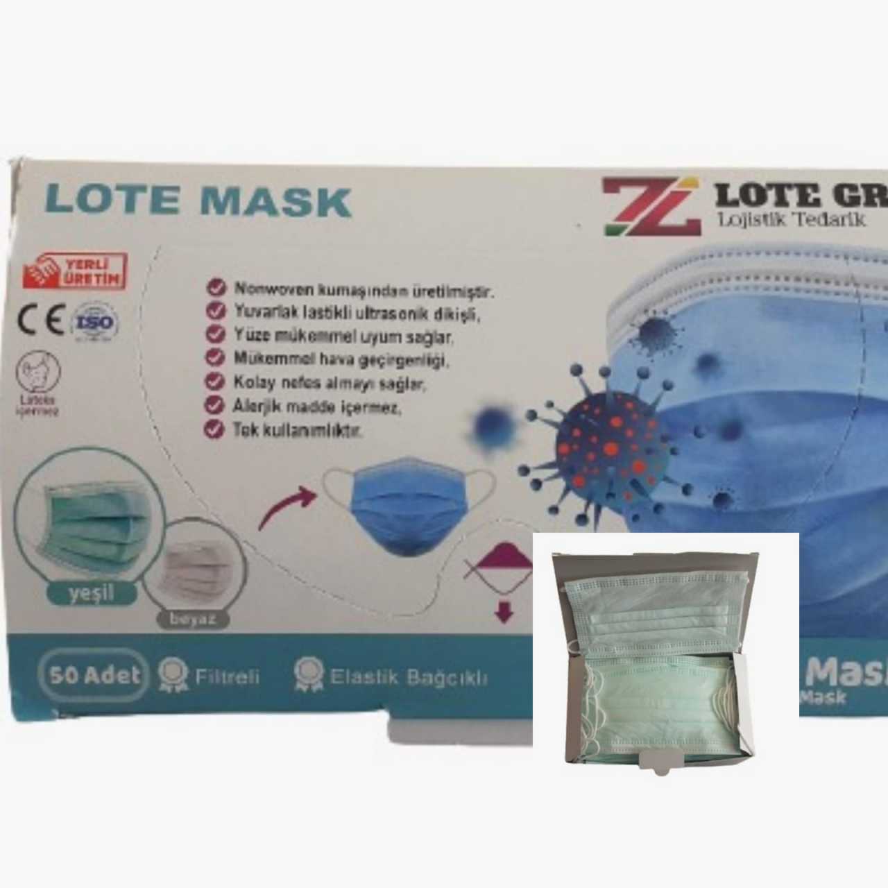 Lote Maske  3 (Üç) Katlı Lastikli Cerrahi Bez Ağız Burun Maskesi 50'li Paket-5'li Kutu-Yeşil