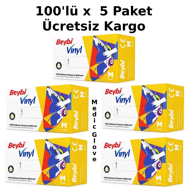 Beybi Pudrasız Vinil (Vinyl) Muayene Eldiveni (Medium) - 5 Paket