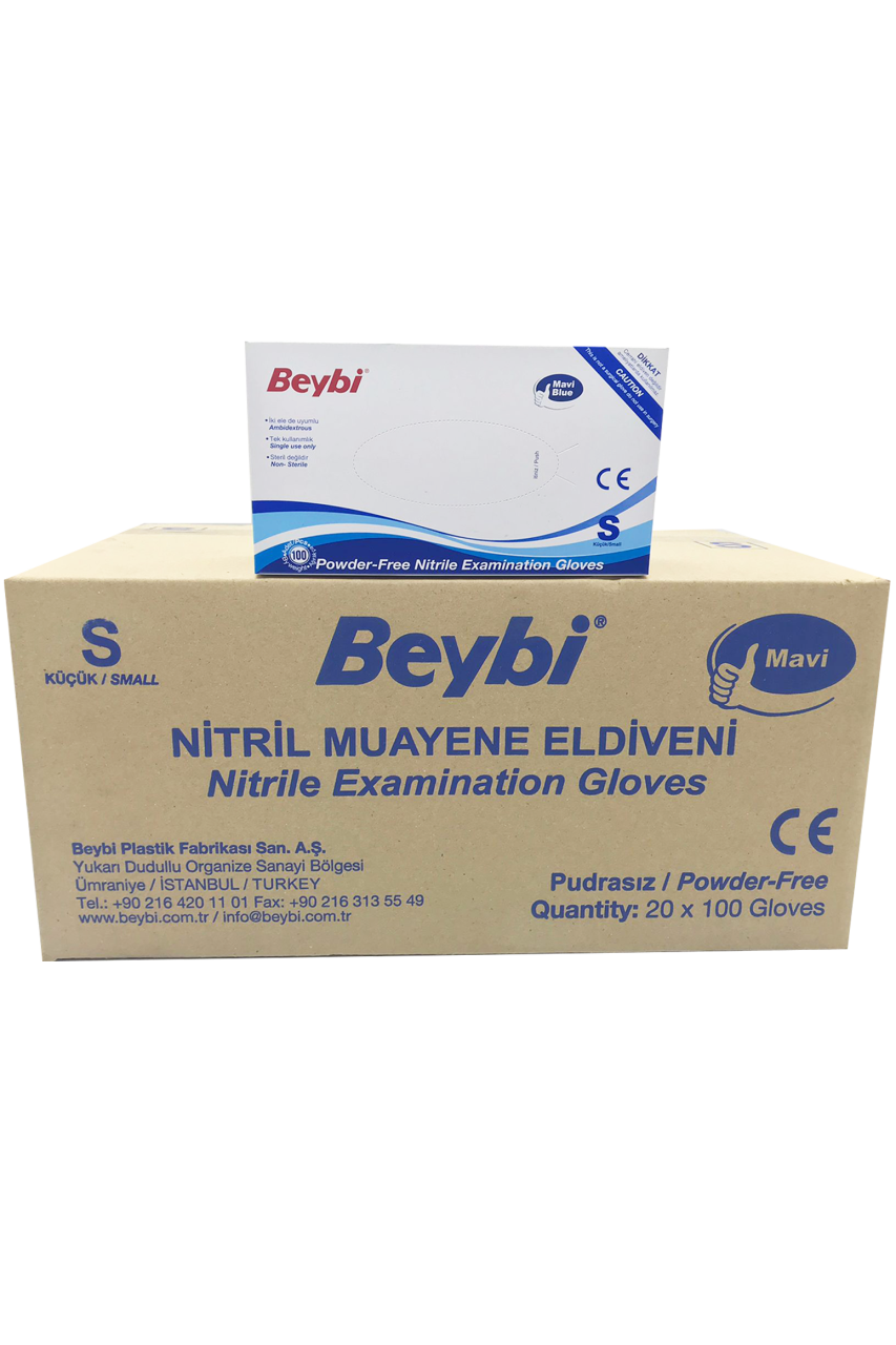 Beybi Mavi Pudrasız Nitril Muayene Eldiveni (Small) - 20 Paket / Koli