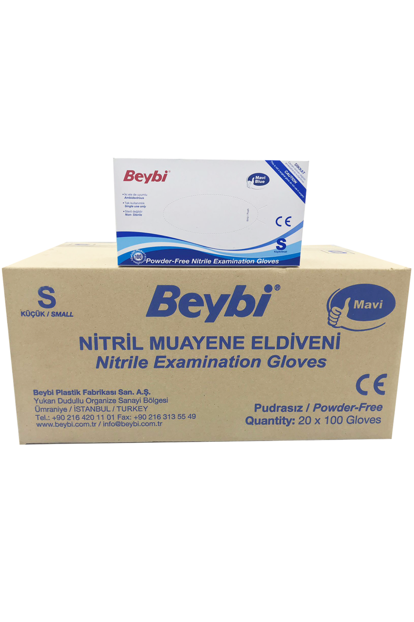 Beybi Mavi Pudrasız Nitril Muayene Eldiveni (Small) - 20 Paket / Koli