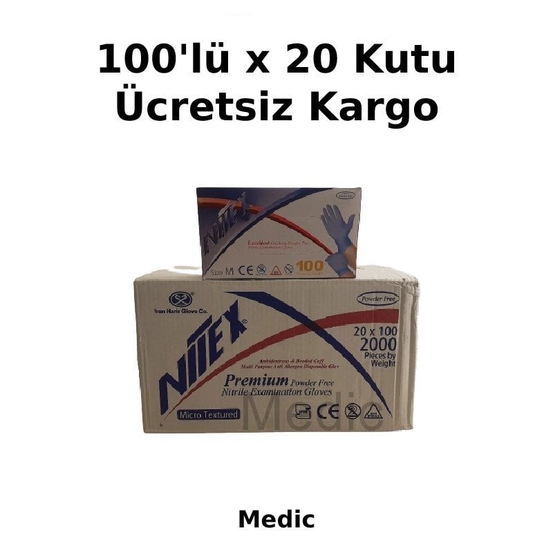 Nitex Mavi Pudrasız Nitril Muayene Eldiveni - 20 Paket - 1 Koli (Medium)