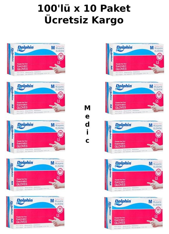Dolphin Şeffaf Pudrasız Vinil Muayene Eldiveni 100'lü x 10 Paket (Medium)