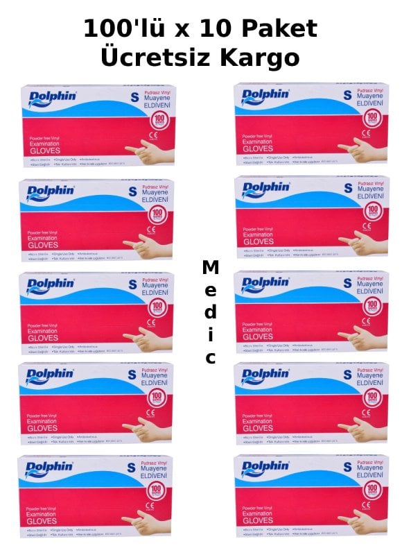 Dolphin Şeffaf Pudrasız Vinil Muayene Eldiveni 100'lü x 10 Paket (Small)