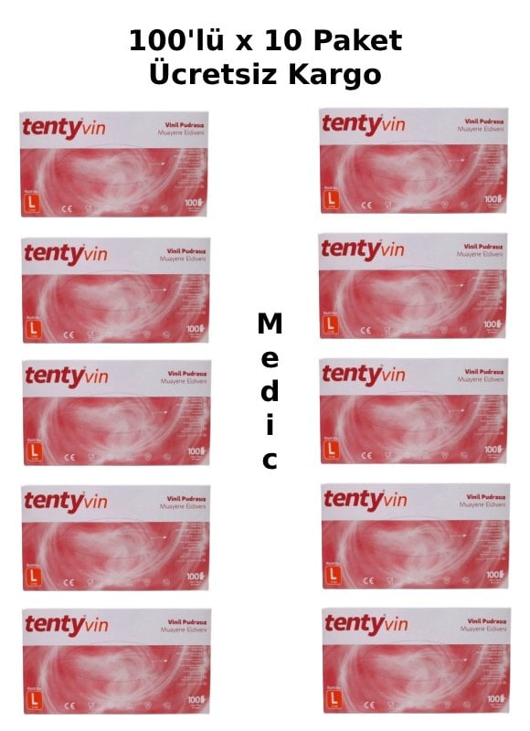 tenty Şeffaf Pudrasız Vinil Muayene Eldiveni (Large) 100'lü x 10 Paket