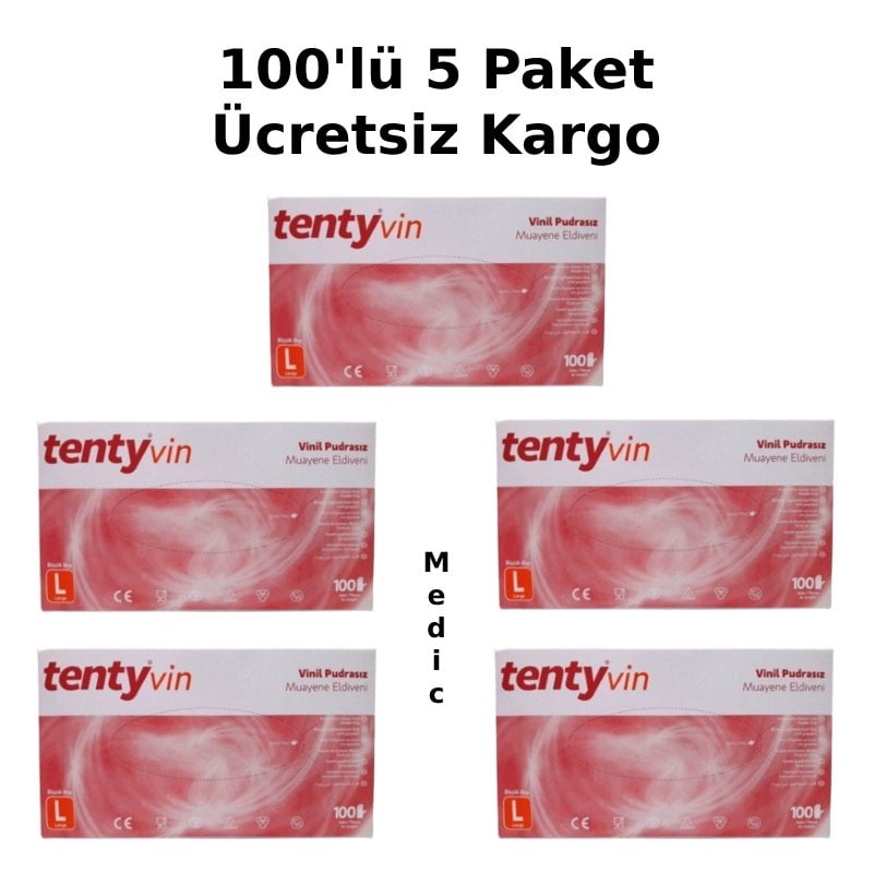 tenty Şeffaf Pudrasız Vinil Muayene Eldiveni (Large) 100'lü x 5 Paket