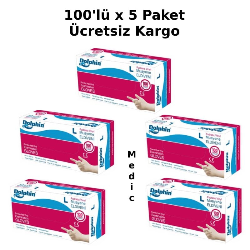 Dolphin Şeffaf Pudrasız Vinil Muayene Eldiveni 100'lü x 5 Paket (Large)