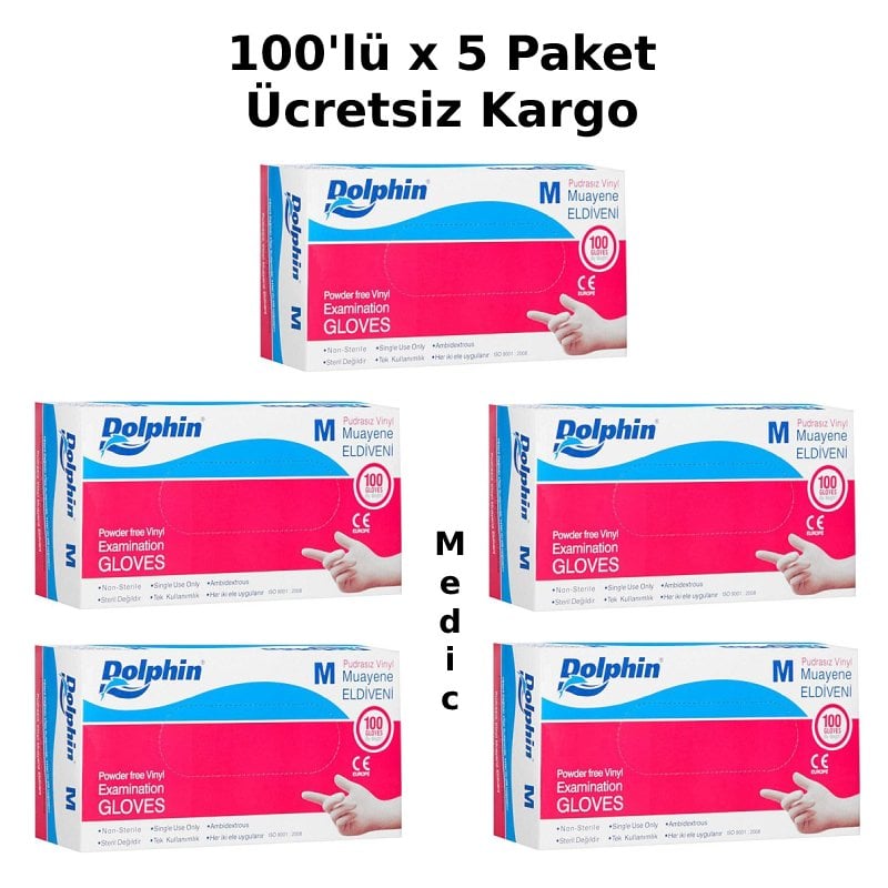 Dolphin Şeffaf Pudrasız Vinil Muayene Eldiveni 100'lü x 5 Paket (Medium)