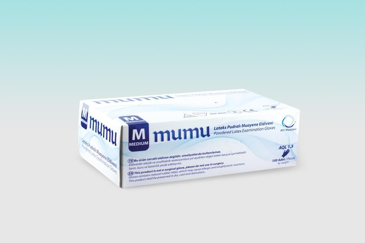 mumu Lateks Pudralı  Muayene Eldiveni 100'lü (Medium)