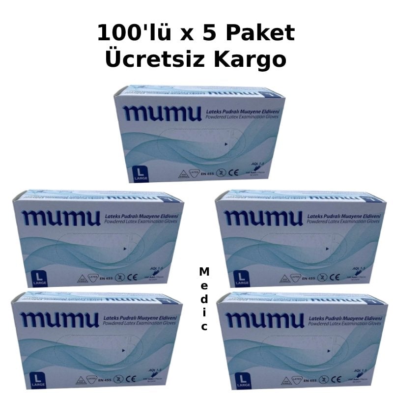 mumu Lateks Pudralı  Muayene Eldiveni 100'lü x 5 Paket (Large)
