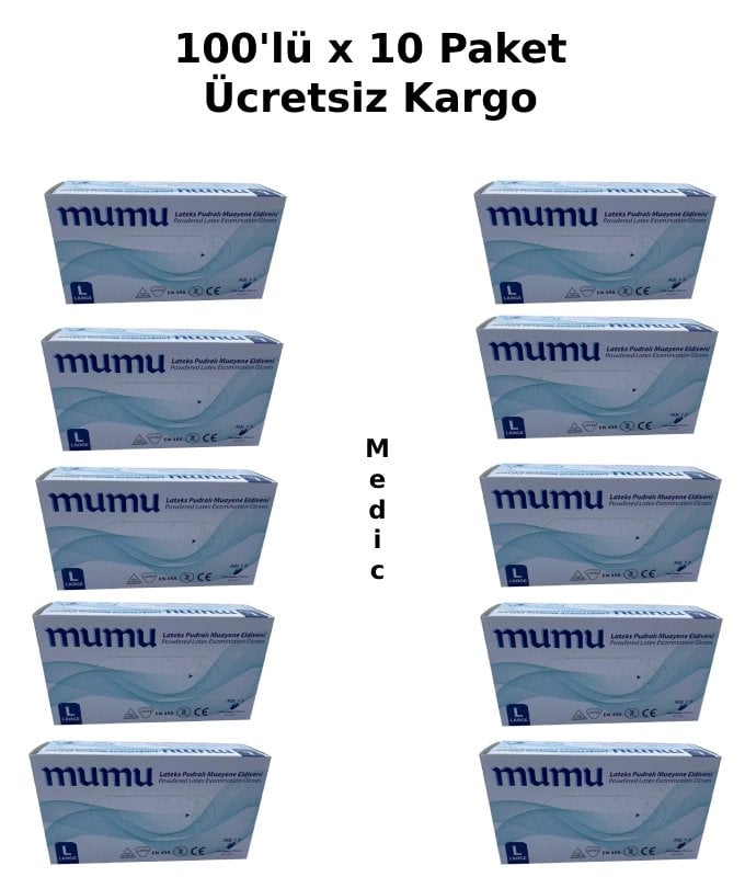 mumu Lateks Pudralı  Muayene Eldiveni 100'lü x 10 Paket (Large)