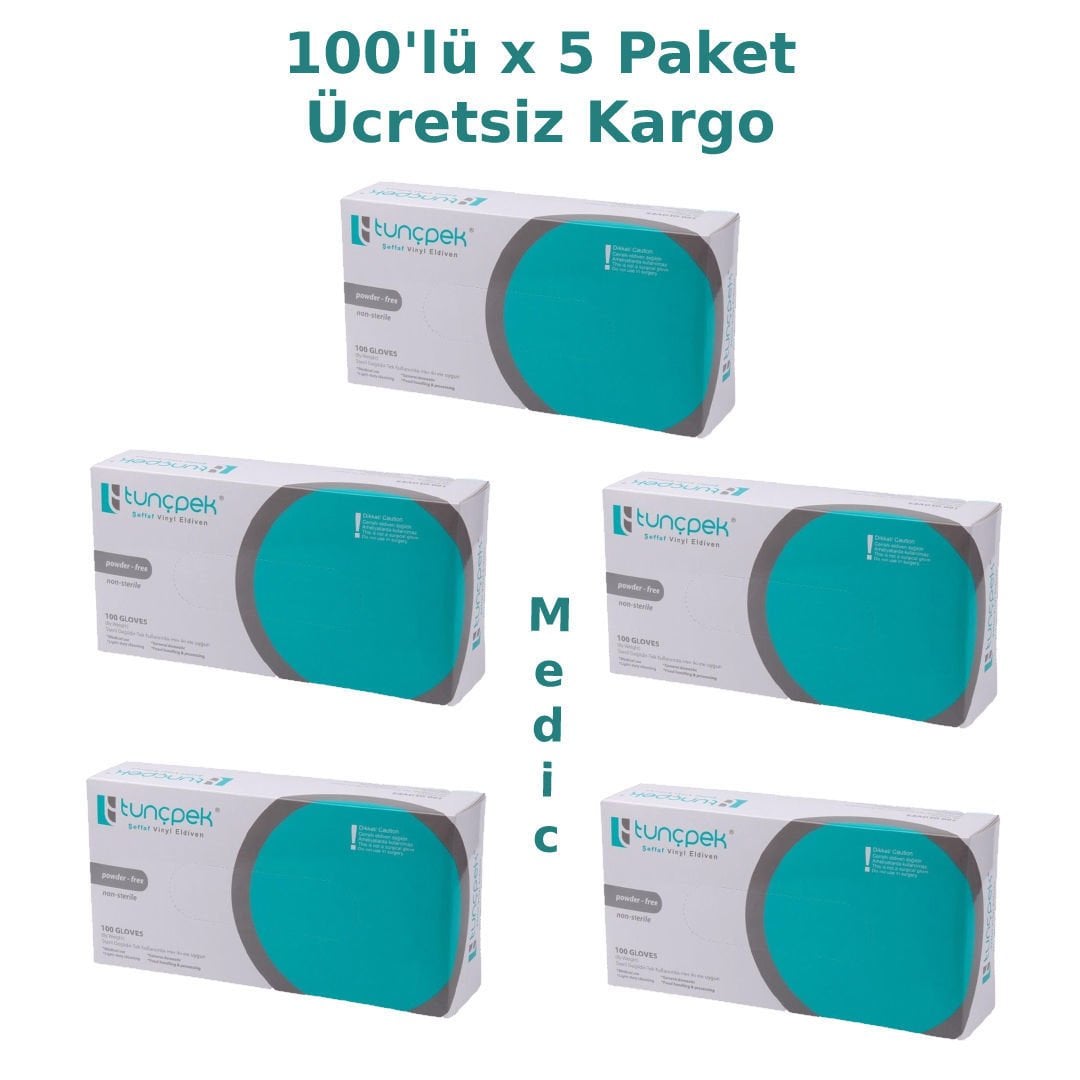 tunçpek Pudrasız Vinil (Vinyl) Muayene Eldiveni -100'lü x 5 Paket (Medium)