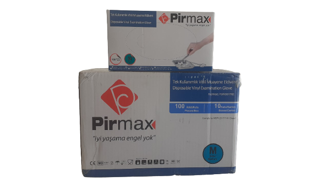 Pirmax Vinil Muayene Eldiveni Pudrasız 100'lü x 10 Paket - 1 Koli (Medium-Orta)