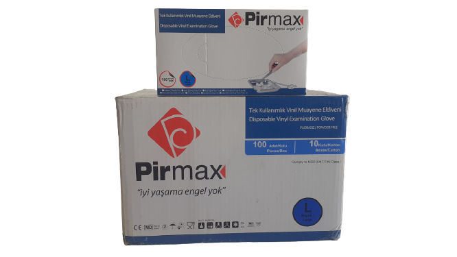 Pirmax Vinil Muayene Eldiveni Pudrasız 100'lü x 10 Paket - 1 Koli (Large-Büyük)
