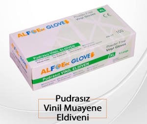 ALFOEx Şeffaf Pudrasız Vinil Muayene Eldiveni 100'lü Paket (S-M-L-XL)