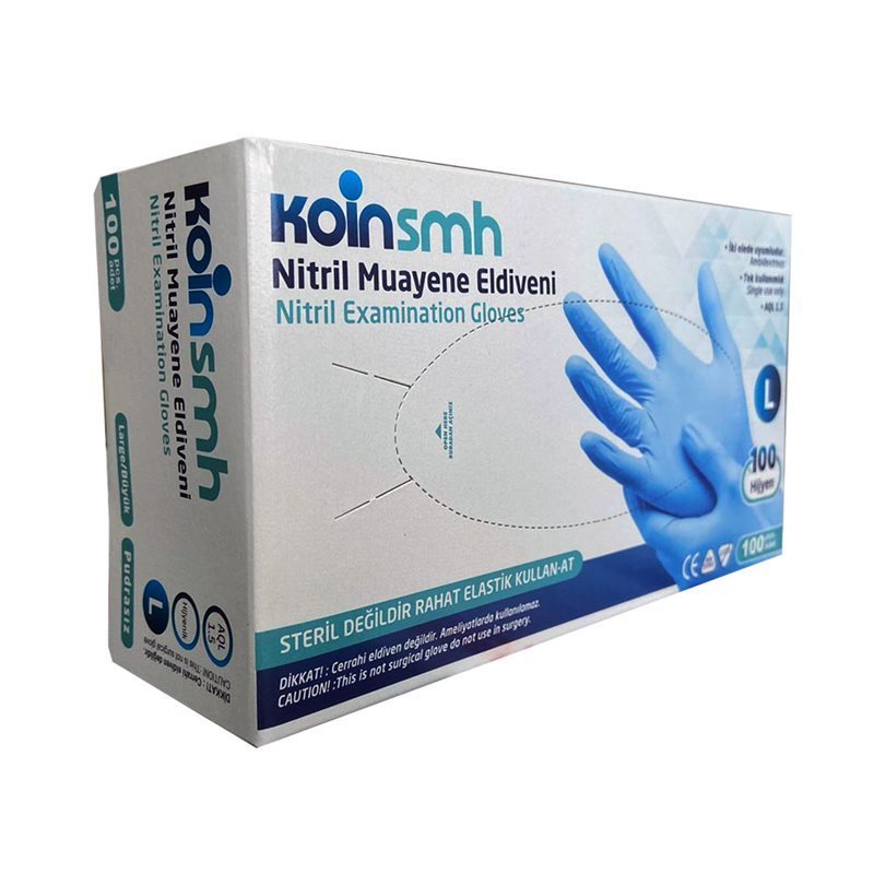Koinsmh Mavi Pudrasız Nitril Muayene Eldiveni (Large) 100'lü Pk