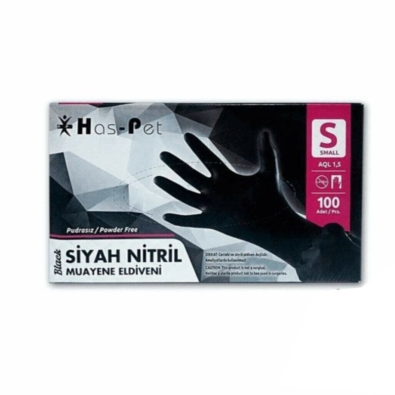 Has-Pet Siyah Pudrasız Nitril Muayene Eldiveni (Small) 100'lü 20 Paket - 1 Koli